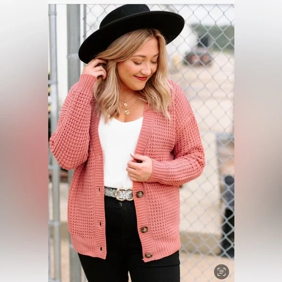 Zenana Outfitters Cardigan Cotton Boutique Waffle Knit Button-Down Rose Large - Picture 3 of 11